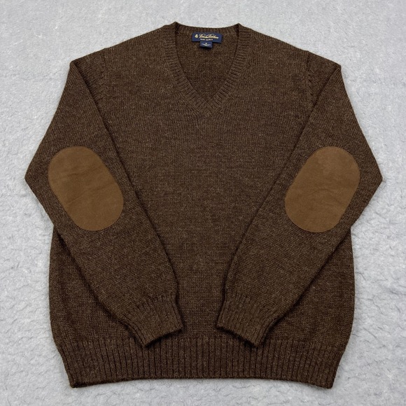 Brooks Brothers Sweater Men's Medium Brown Baby Alpaca V-Neck Pullover Elbow Pad - Picture 1 of 11